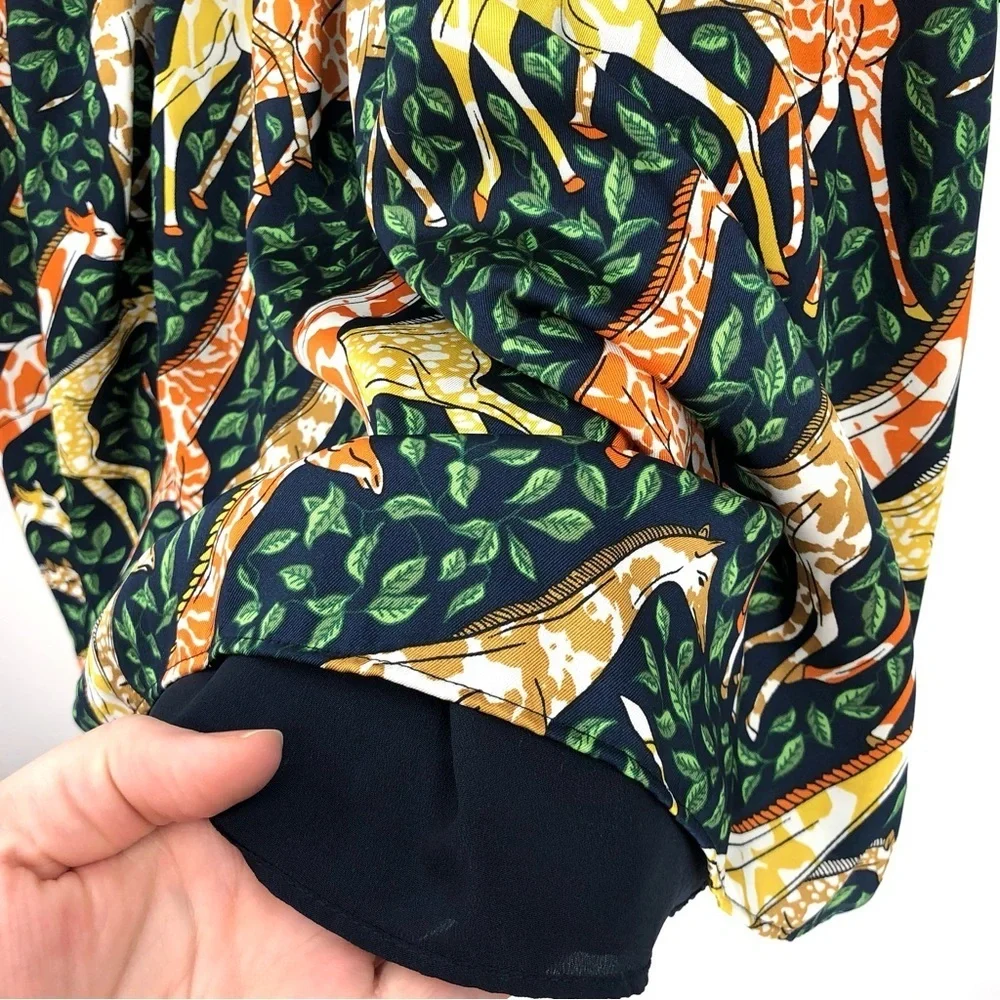 J.CREW Shirtdress in Giraffes Novelty Print Dress Long Sleeve S Navy Saffron